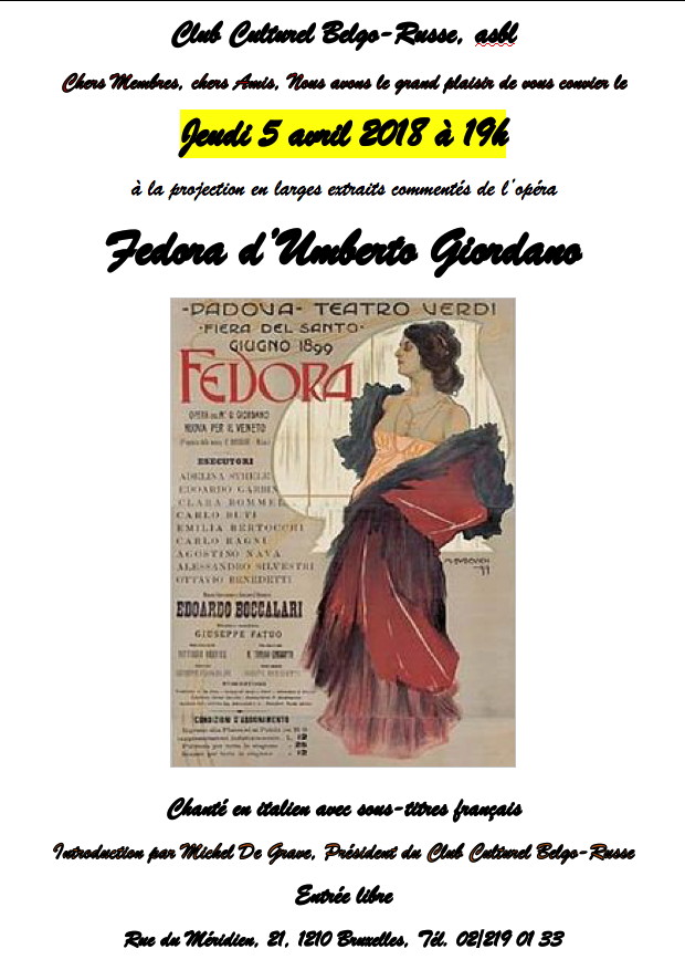 Affiche. Larges extraits commentés de l|opéra Fedora d|Umberto Giordano. 2018-04-05